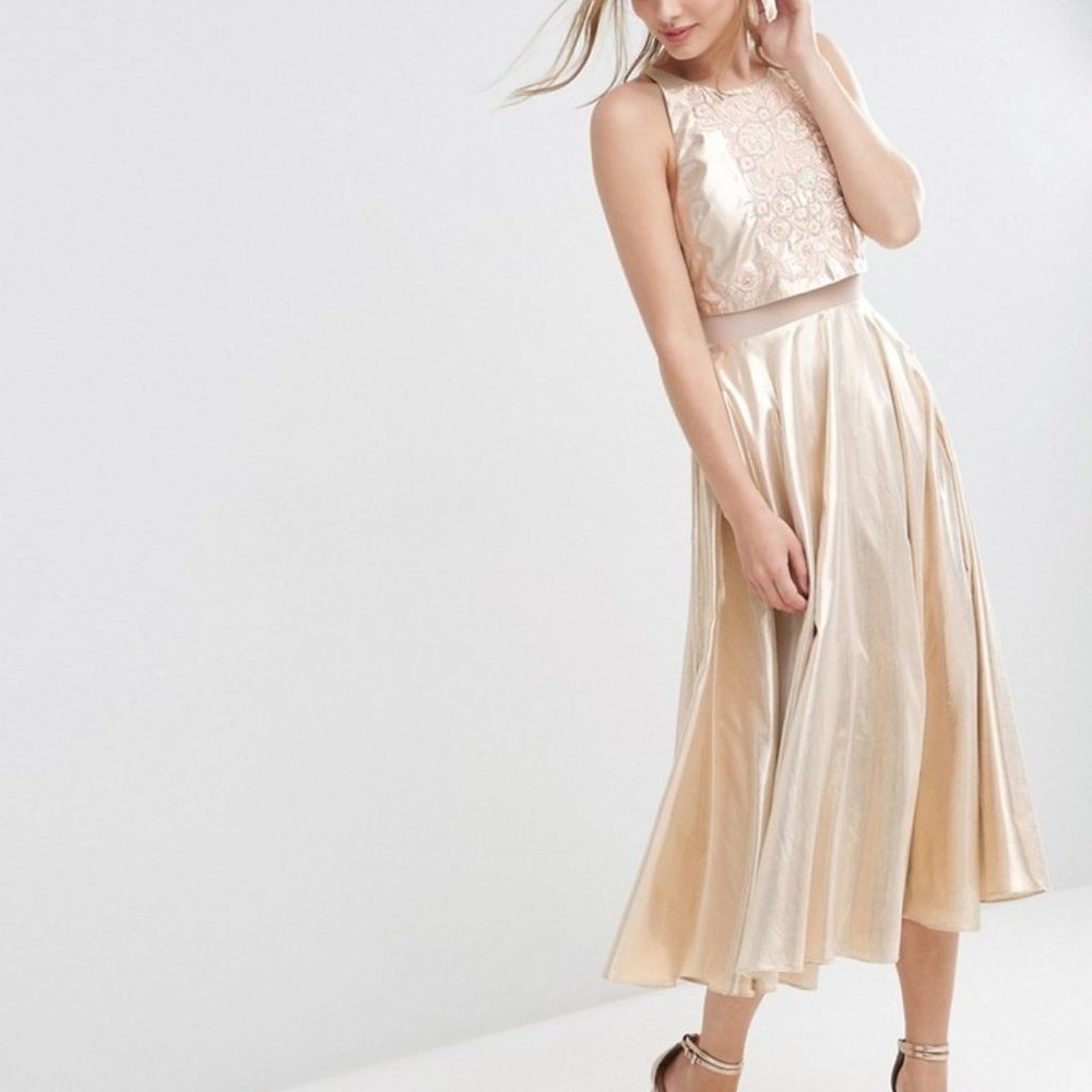 NWOT asos metallic gold cropped top midi dress 10